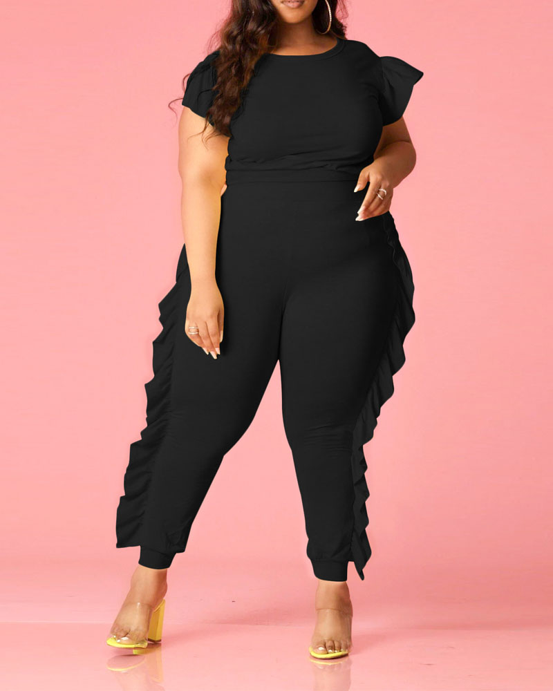 

Plus Size Flutter Sleeve Top & Ruffle Hem Pants Set, Black