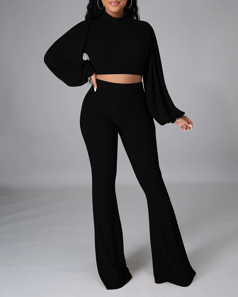 

Ribbed Lantern Sleeve Top & Bootcut High Waist Pants Set, Black