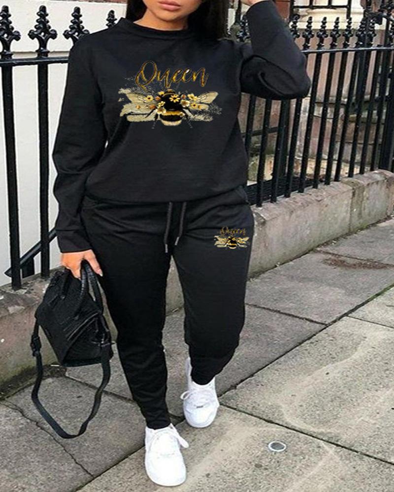 

Plus Size Letter Bee Print Casual Top & Drawstring Pants Set, Black