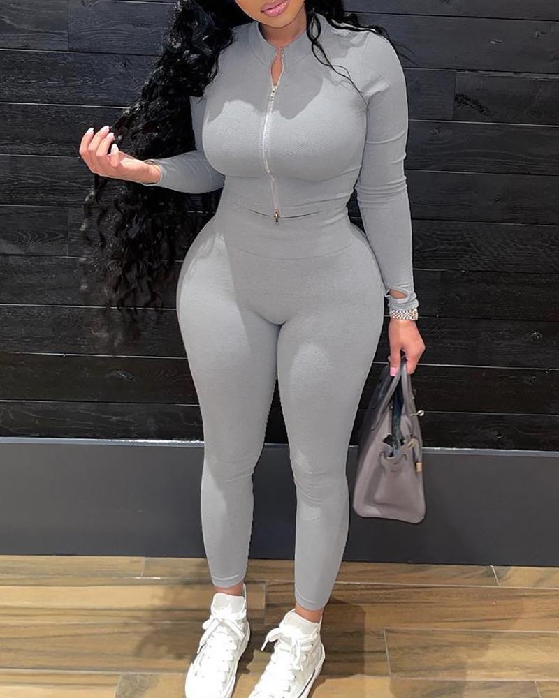 

Zipper Zipper Long Sleeve Top & High Waist Pants Set, Gray