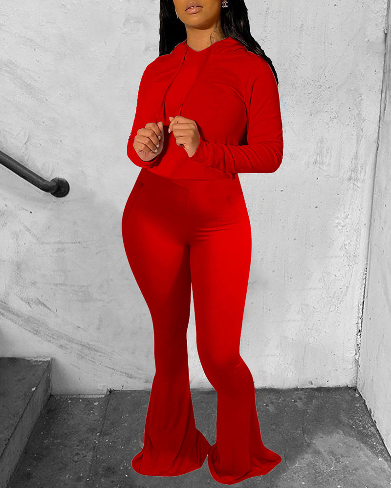 

Hooded Top & High Waist Bootcut Pants Set, Red