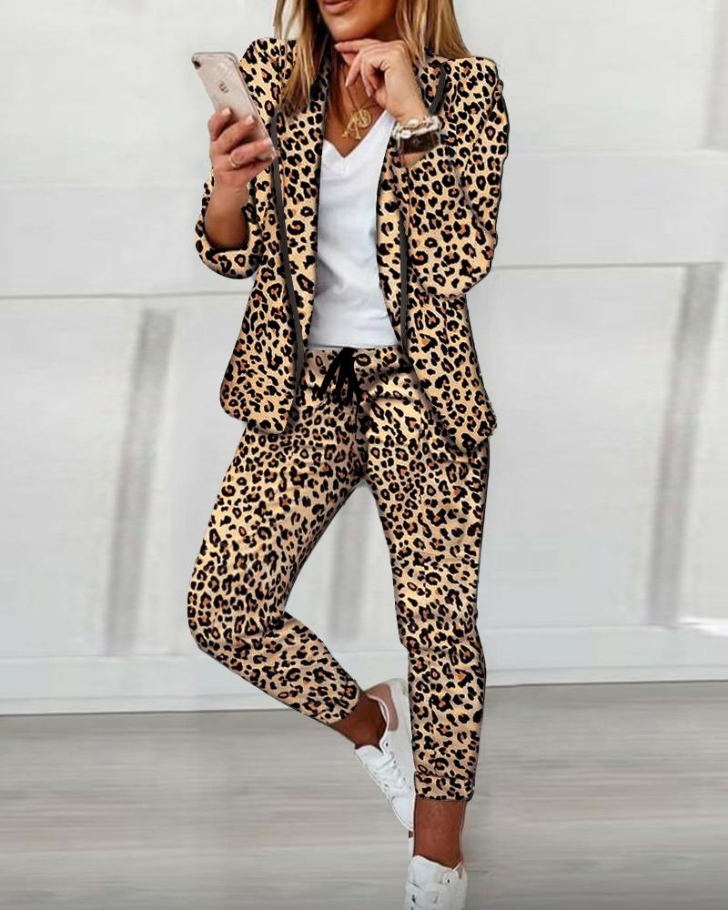 

Cheetah Print Blazer Coat & Drawstring Pants Set, Leopard