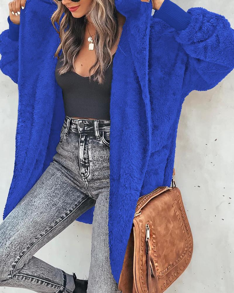 

Long Sleeve Fleece Hooded Coat, Blue