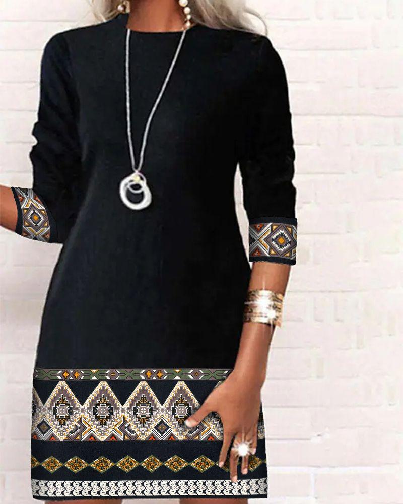 

Tribal Print Long Sleeve Casual Dress, Black