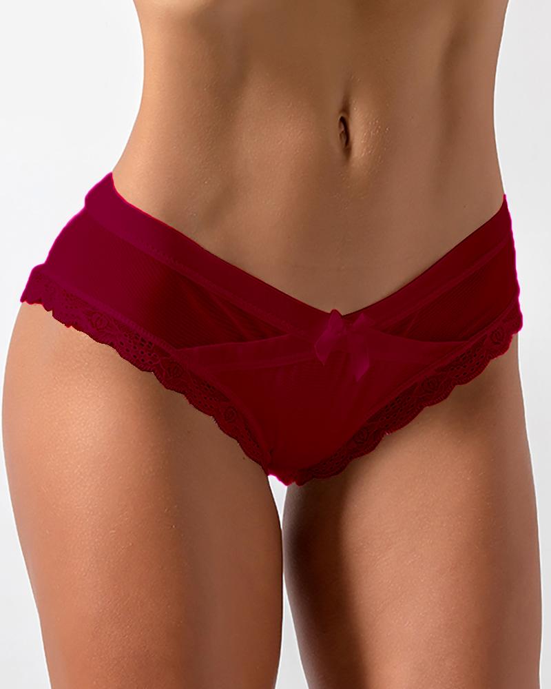 

Bowknot Front Sheer Mesh Lace Trim Mid-Rise Panty, Wine red