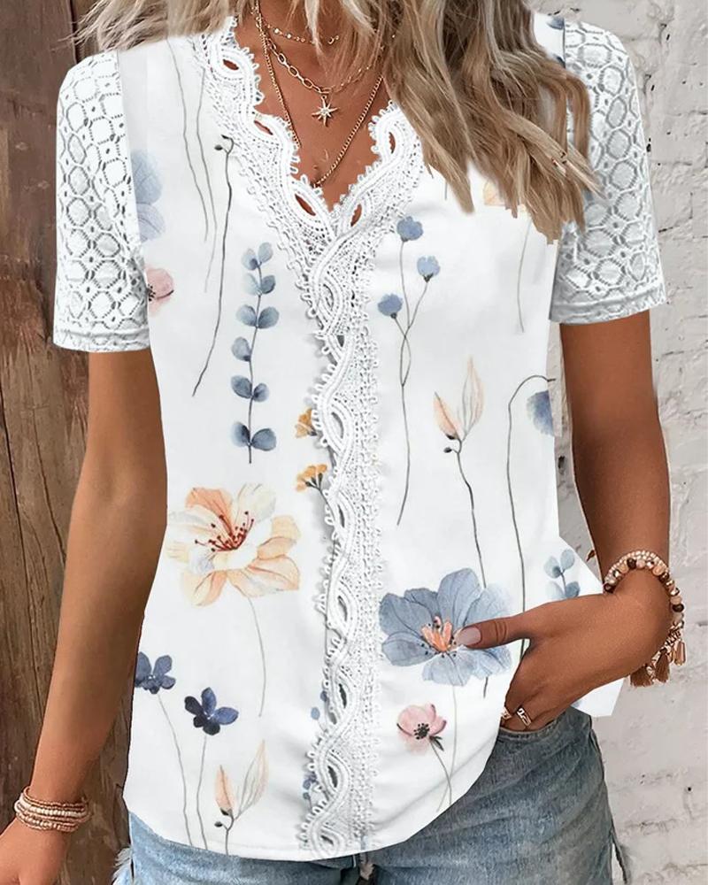 Floral Print Lace Patch Hollow Out Top