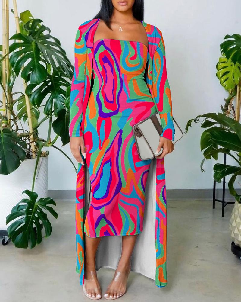 

Multi-Color Abstract Print Bodycon Dress With Longline Coat, Hot pink