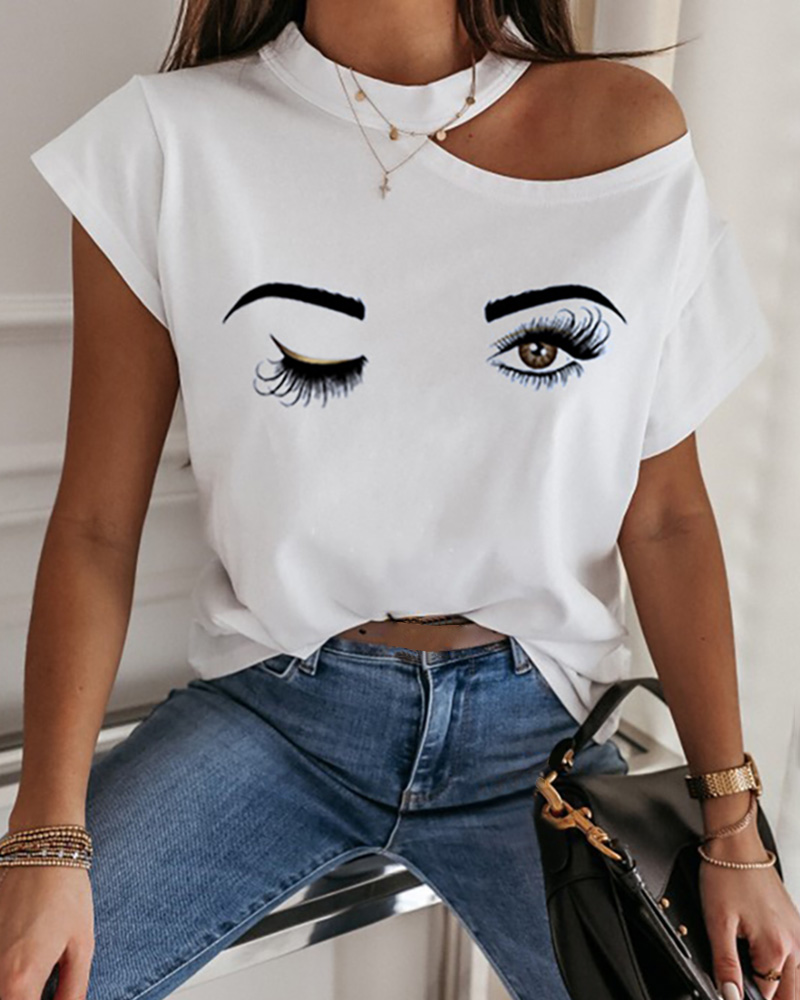 

Eyes Print Cold Shoulder Casual T-shirt, White