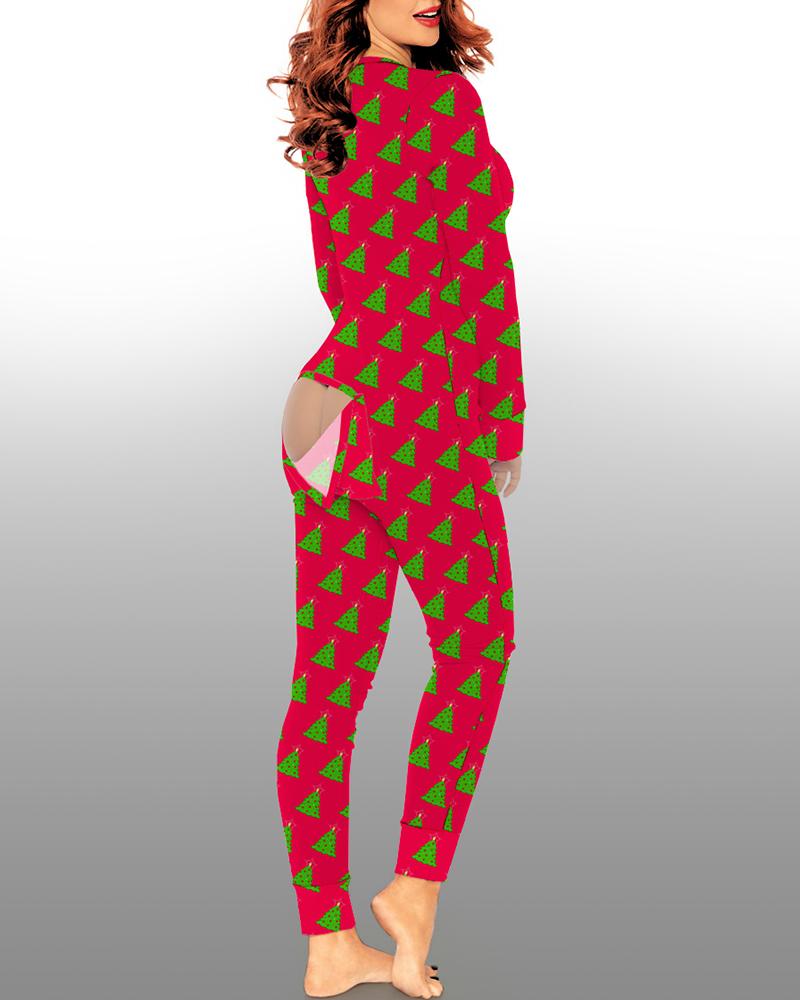 

Christmas Tree Print Functional Buttoned Flap Adults Pajamas, Red