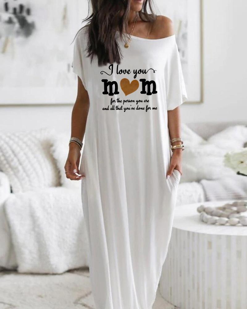 

Mother' Day Letter Heart Print Pocket Design Casual Maxi Dress, White