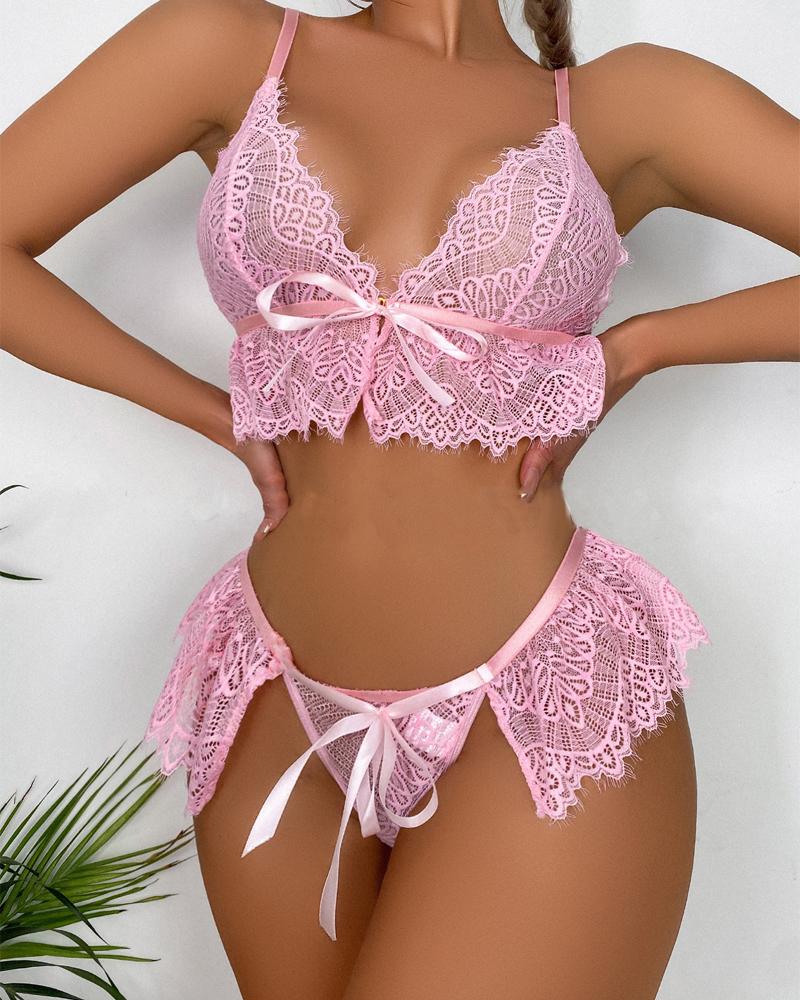

Bowknot Decor Ruffle Hem Lace Lingerie Set, Pink