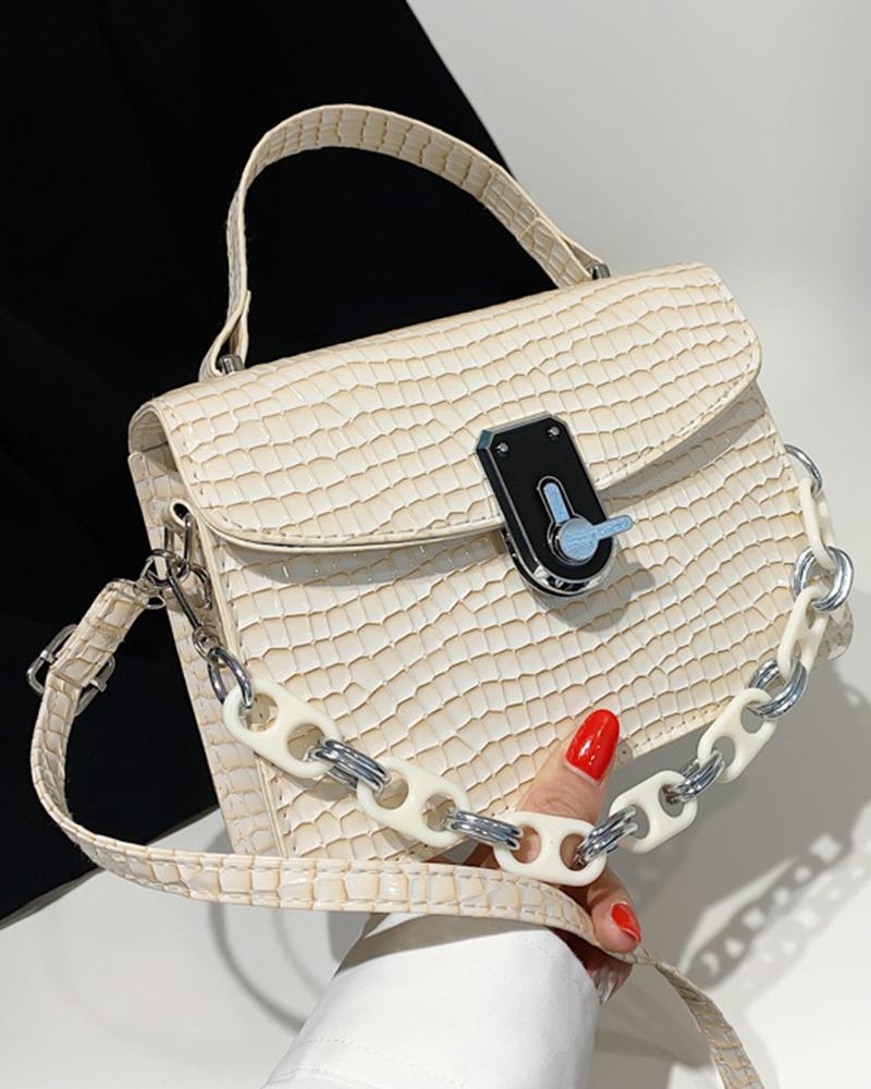 

Crocodile Top Handle Chain Strap Satchel Bag, White
