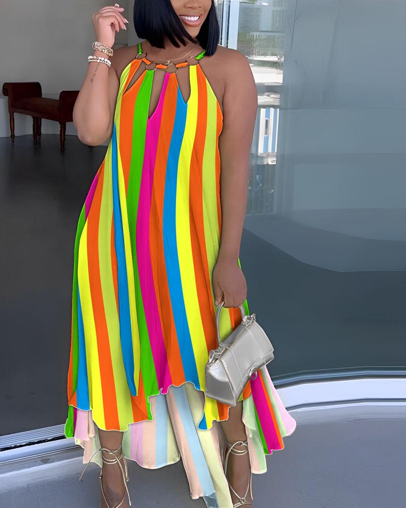 

Plus Size Rainbow Stripe Print Cutout Asymmetrical Casual Dress, Multicolor
