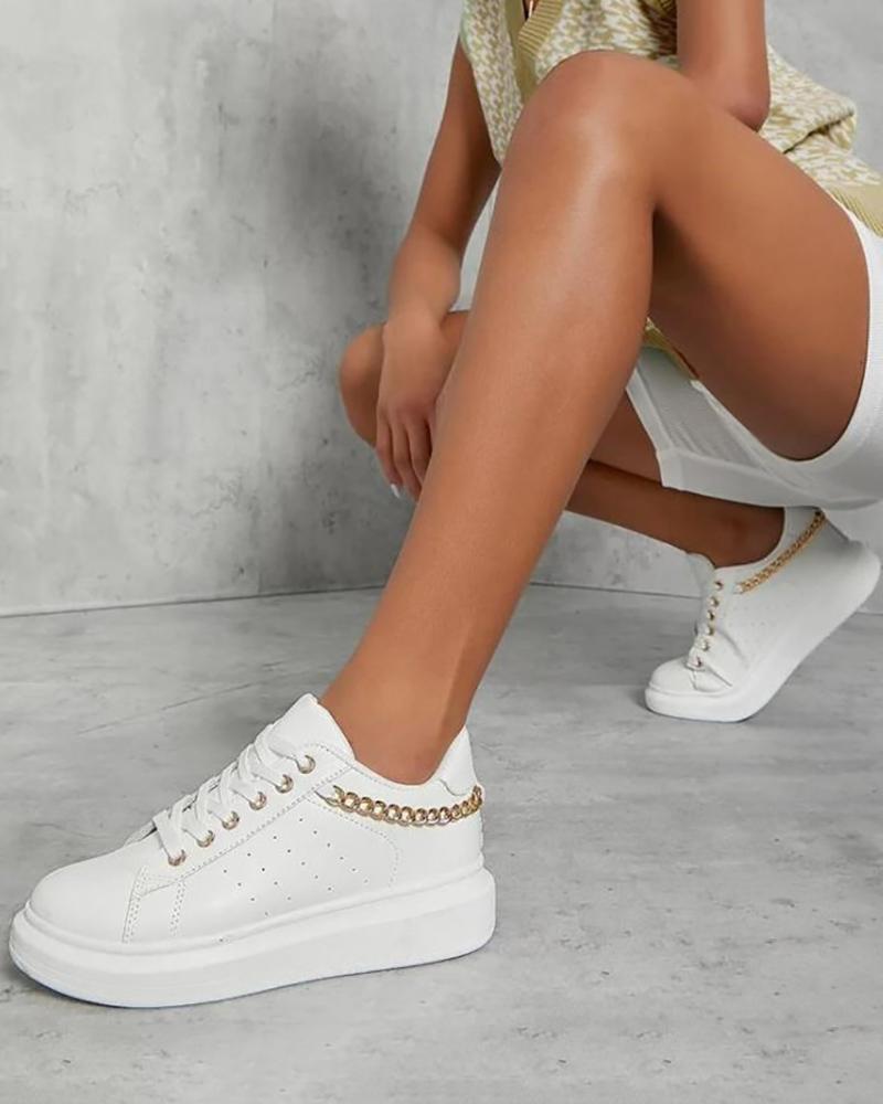 

Chain Decor Eyelet Lace-up Sneakers, White