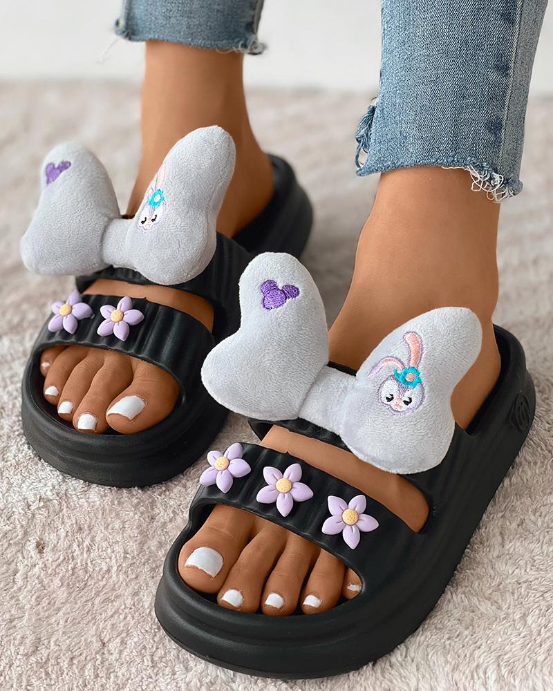 

Cartoon Floral Bowknot Pattern Round Toe Clogs, Black