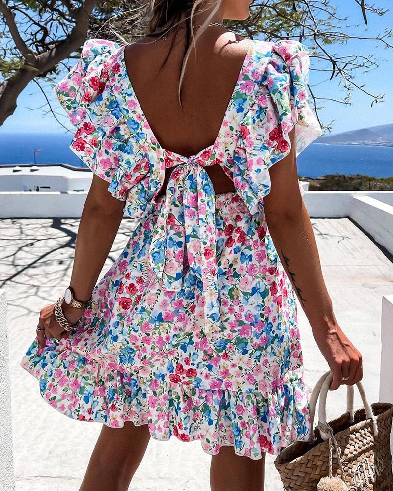 

Bowknot Backless Ruffles Floral Print Dress, Multicolor