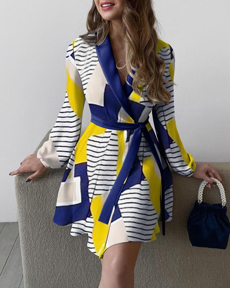 

Striped Geo Pattern Print Work Dress With Belt, Blue