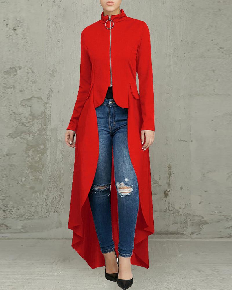 

High Low Hem Zip Up Longline Top, Red