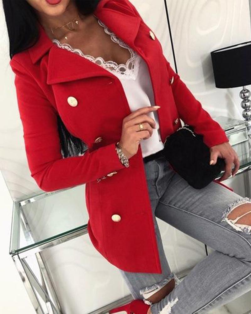 

Long Sleeve Collared Button-Up Coat, Red