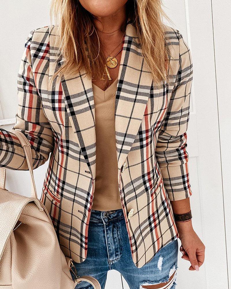 

Plaid Print Long Sleeve Double Button Blazer, Khaki