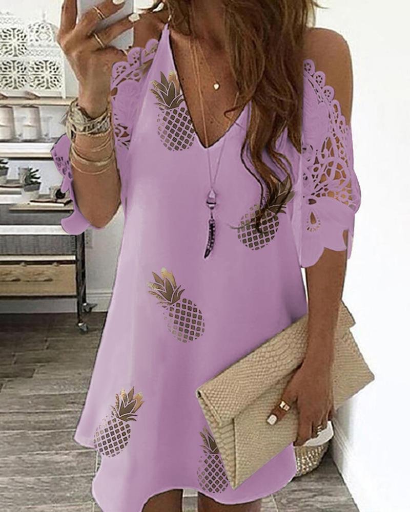 

Pineapple Print Cold Shoulder Lace Dress, Purple