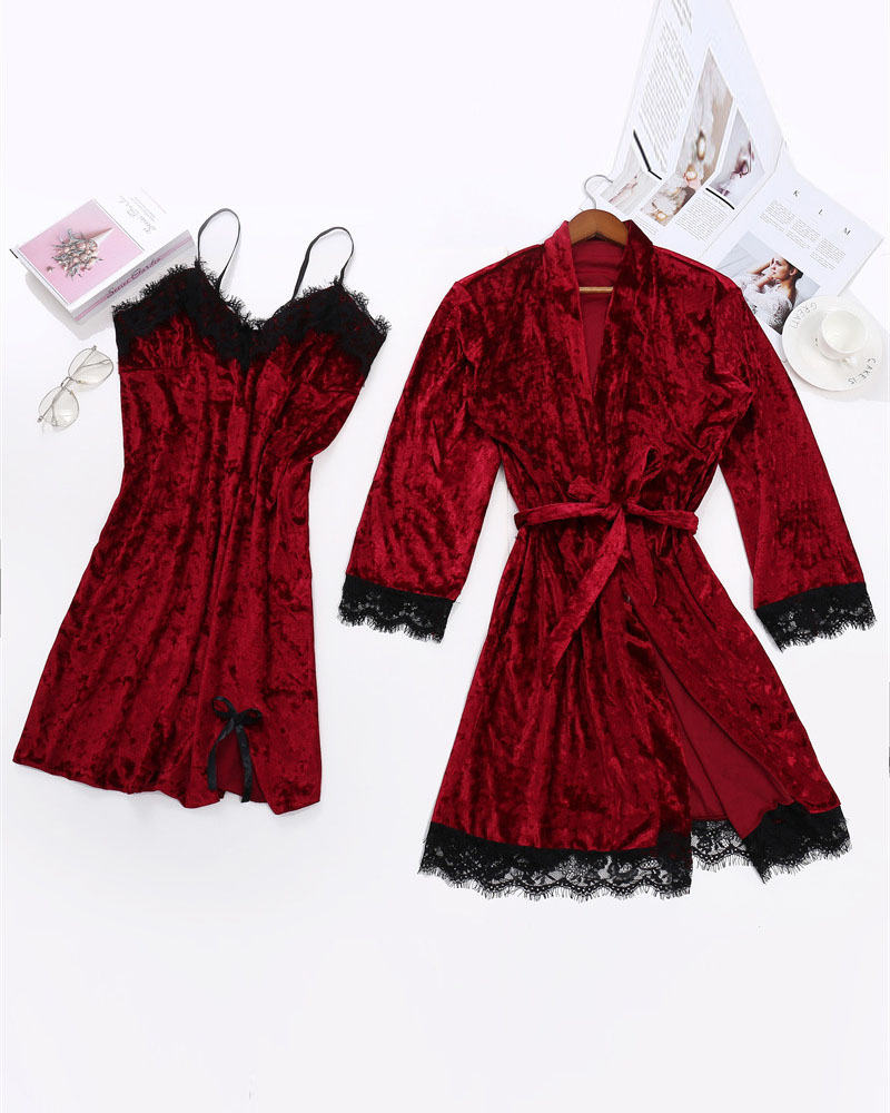 

Bowknot Decor Lace Trim Velvet Nightdress With Belted Robe, Red