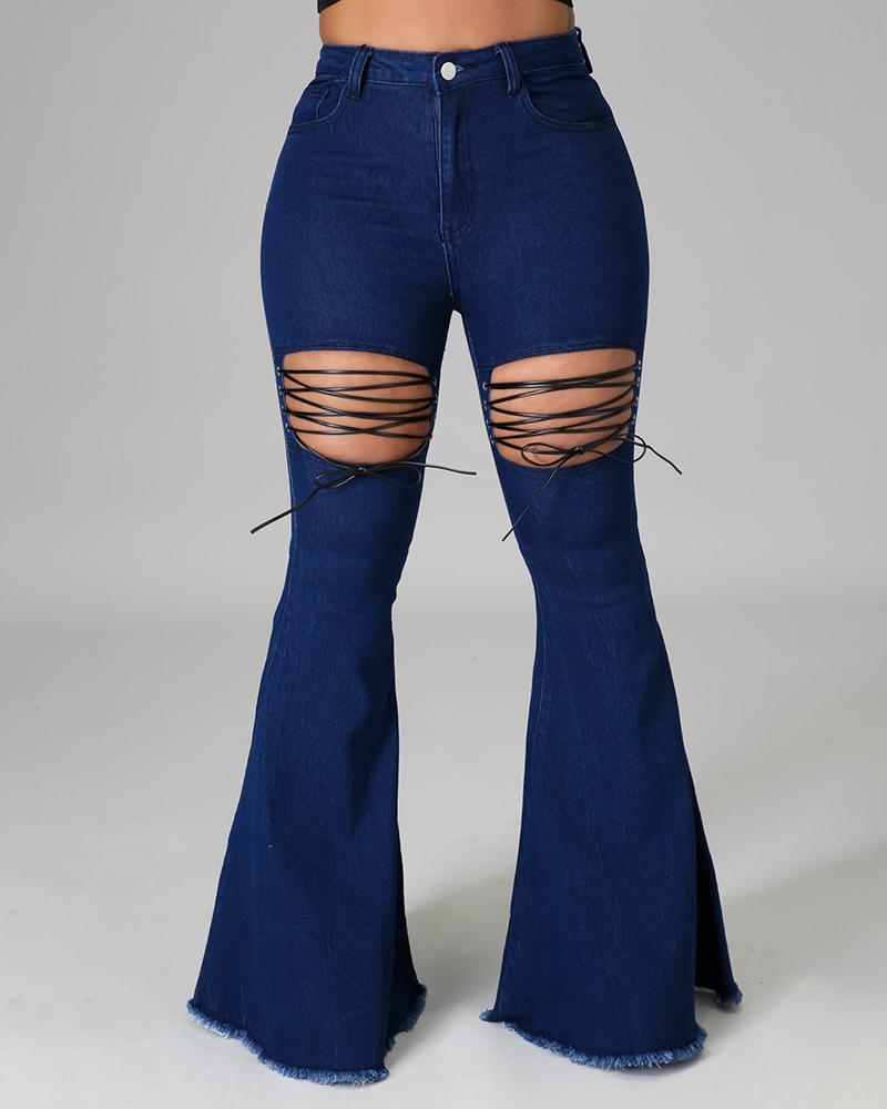 

Fringe Hem Cutout Lace-up Bootcut Jeans, Dark blue