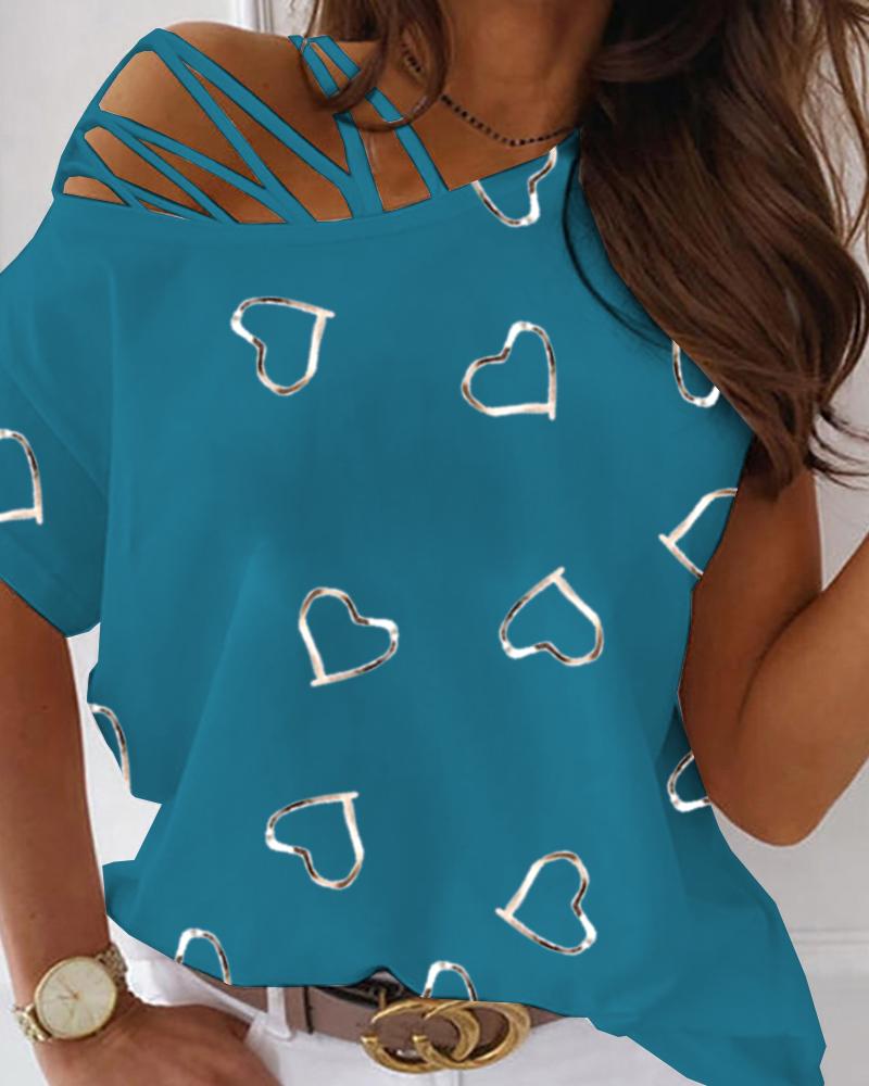 

Lace-up One Shoulder Heart Print T-shirt, Blue