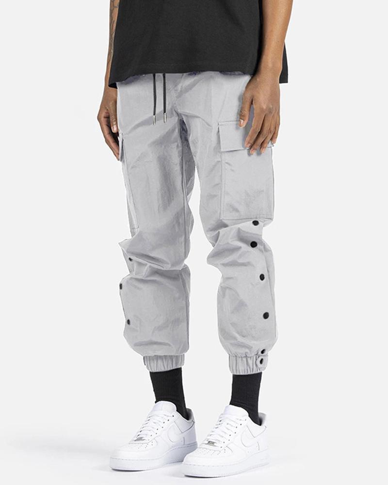 

Solid Pockets Loose Double Buckles Cargo Pants, Gray