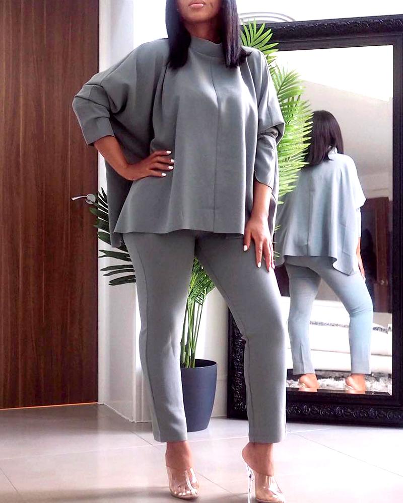 

Mock Neck Batwing Sleeve Top & Pants Set, Gray