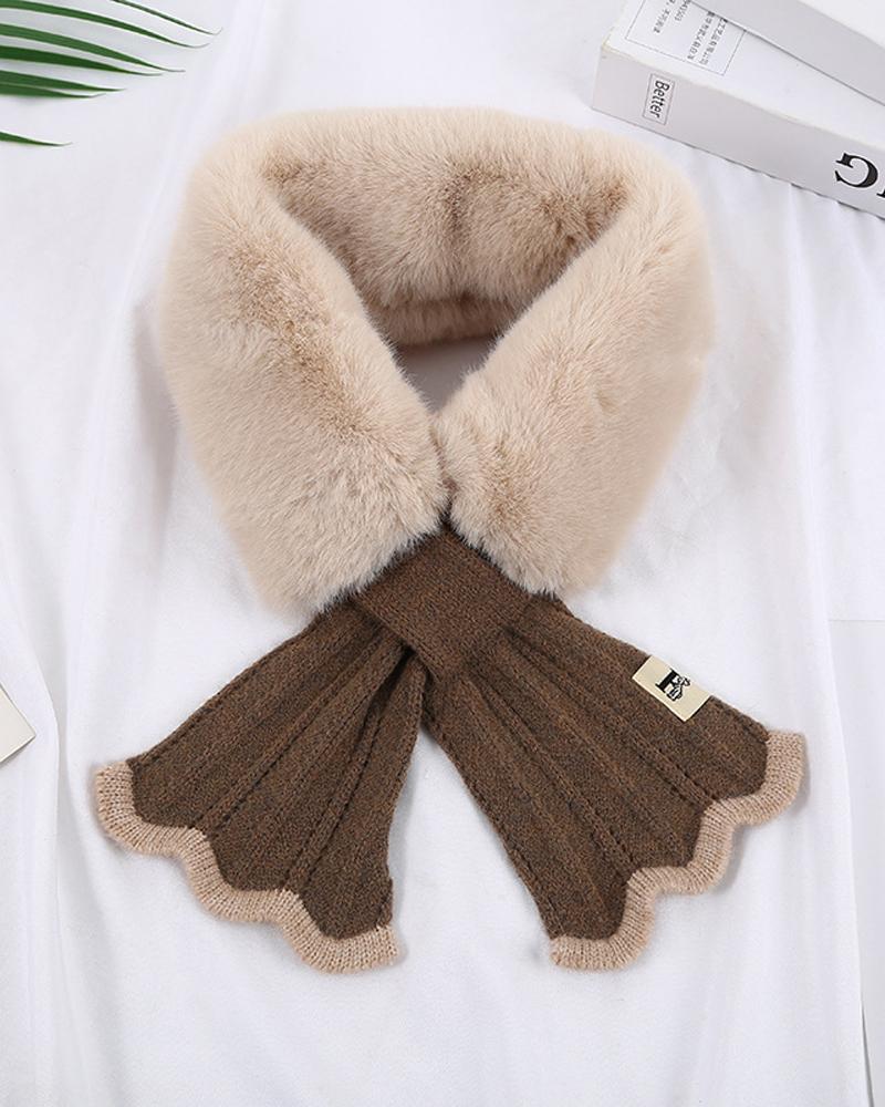 

1pc Colorblock Warm Soft Fuzzy Wrap Around Loophole Scarf, Khaki