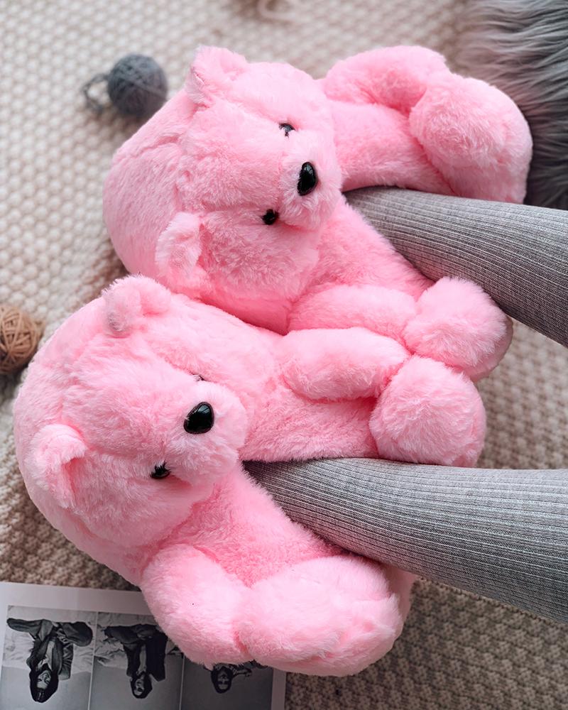 

Fluffy Plain Teddy Bear Slippers, Pink