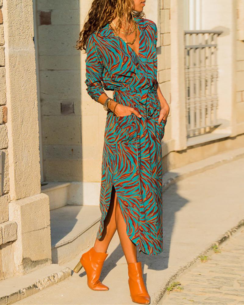 

Side Slit Long Sleeve Print Shirt Dress, Green