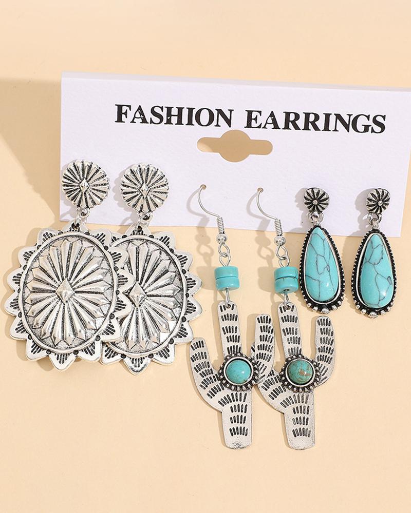 

3Pairs Bohemian Vintage Geometric Cactus Waterdrop Hook Earrings Set, Silver