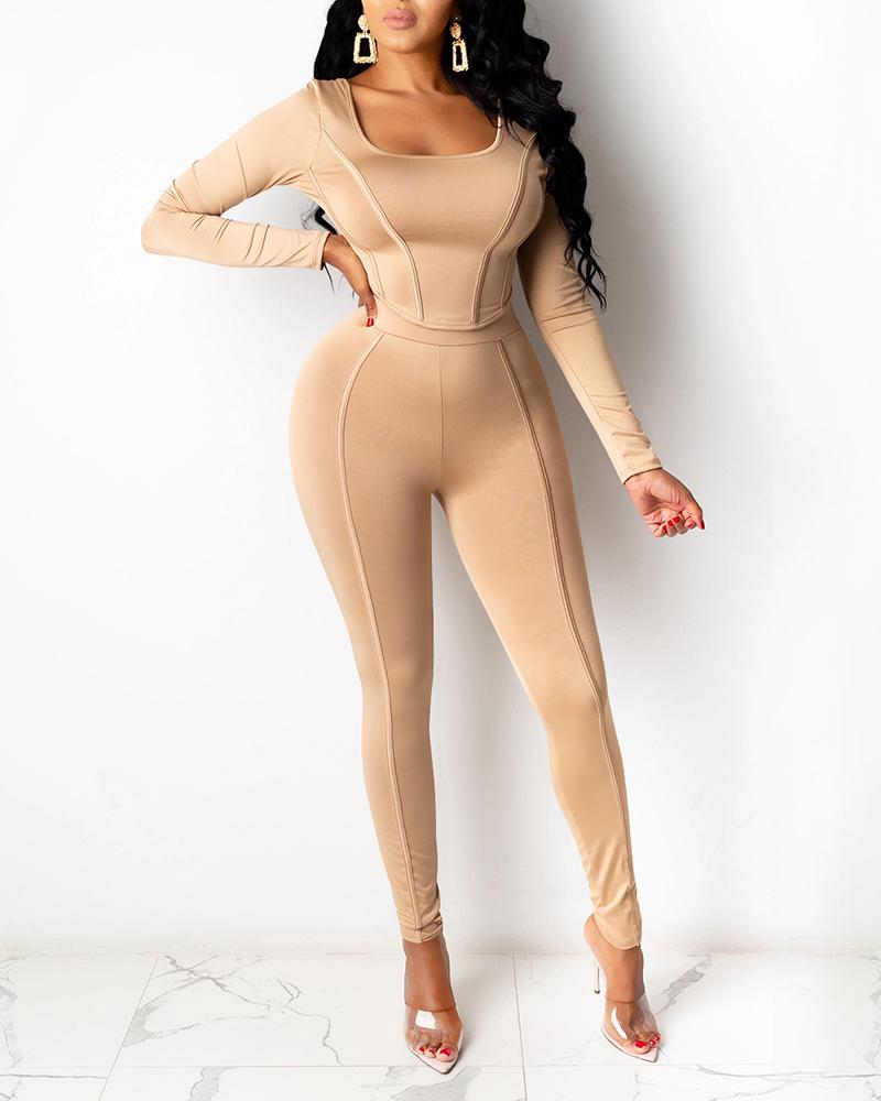 

Solid Long Sleeve Top & Skinny Pants Set, Khaki