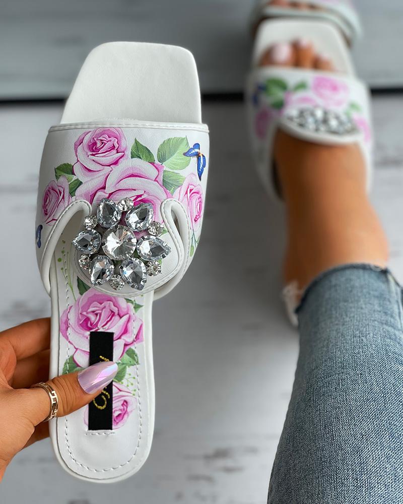 

Floral Print Rhinestone Decor Chunky Heels, White