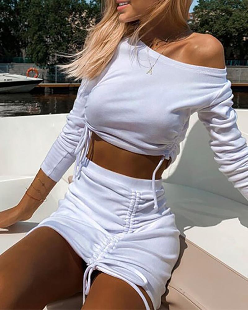 

Plain Drawstring Long Sleeve Crop Top & Ruched Skirt Set, White