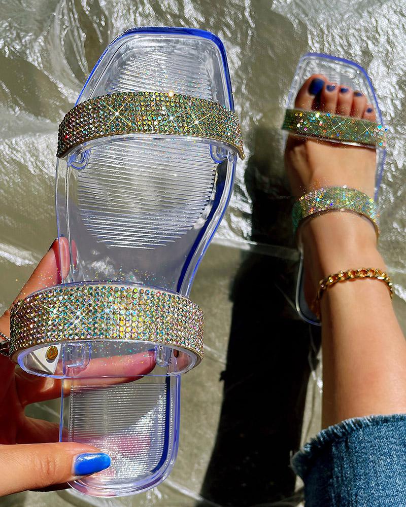 

Rhinestone Double Band Square Toe Slippers, Clear