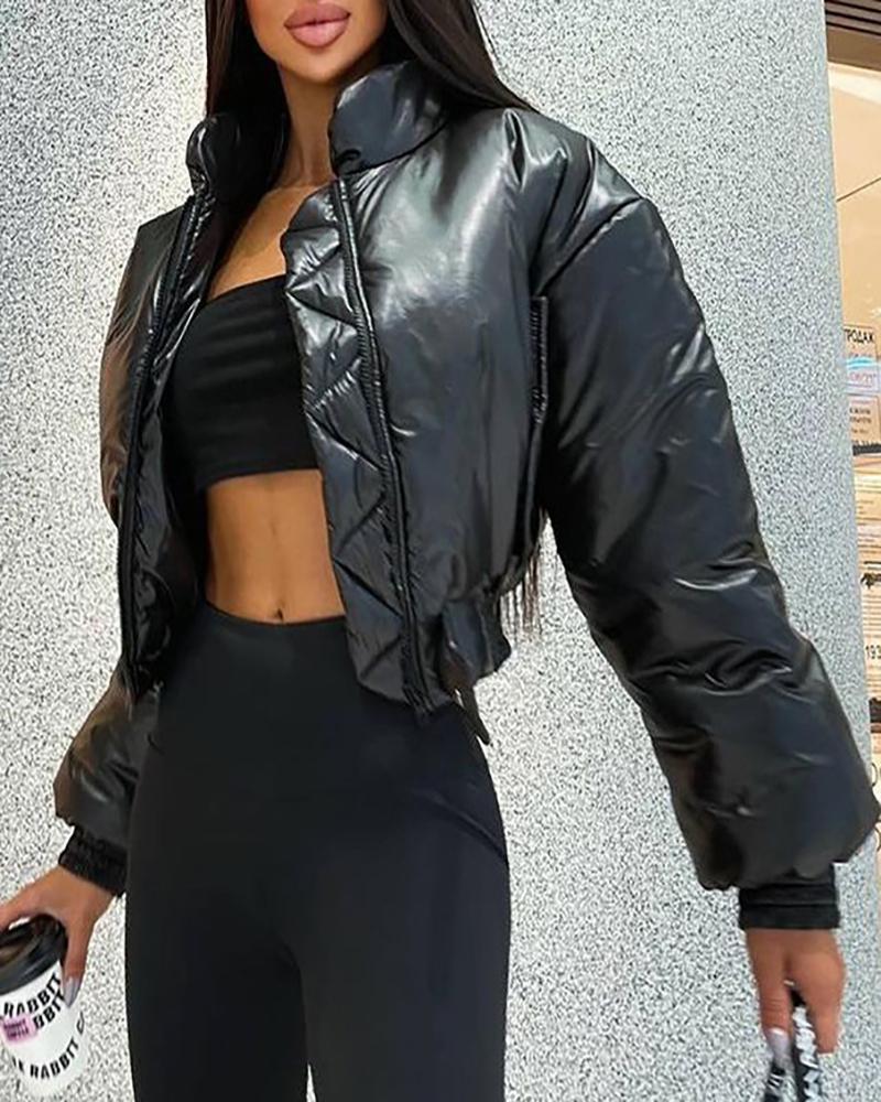 

Zipper Design High Neck Long Sleeve Gilet Puffer Jacket, Black