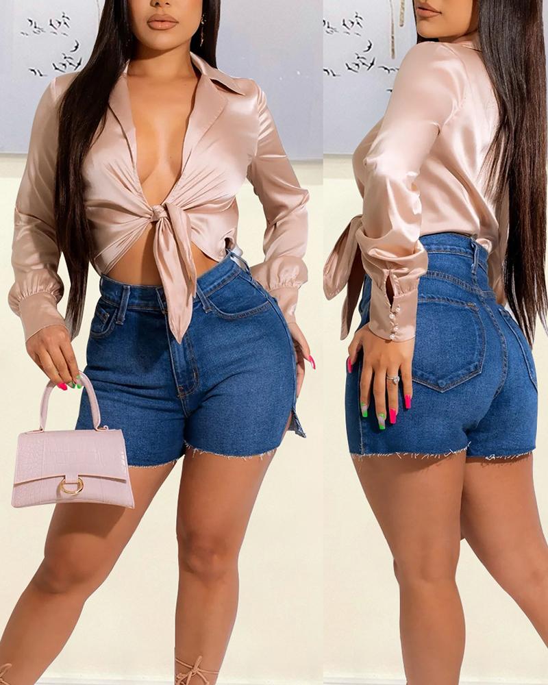 

Tied Detail Long Sleeve Cutout Bodysuit, Champagne