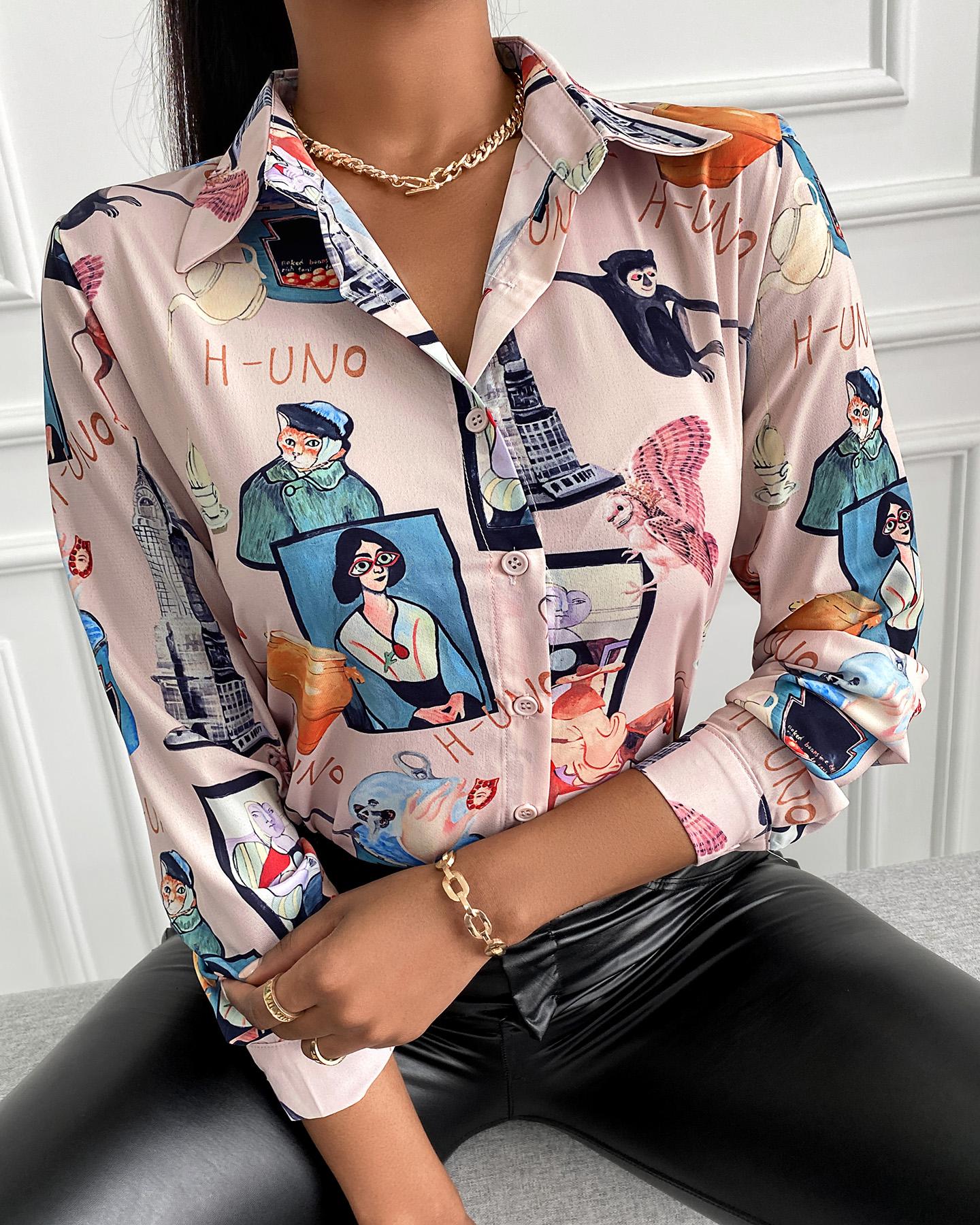 

All Over Print Button Design Long Sleeve Shirt, Multicolor