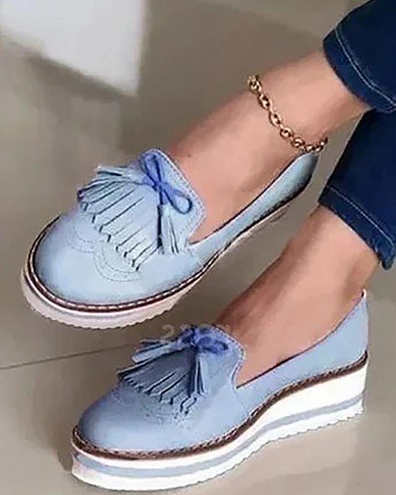 

Bowknot Tassel Design Slip On Muffin Loafers, Sky blue