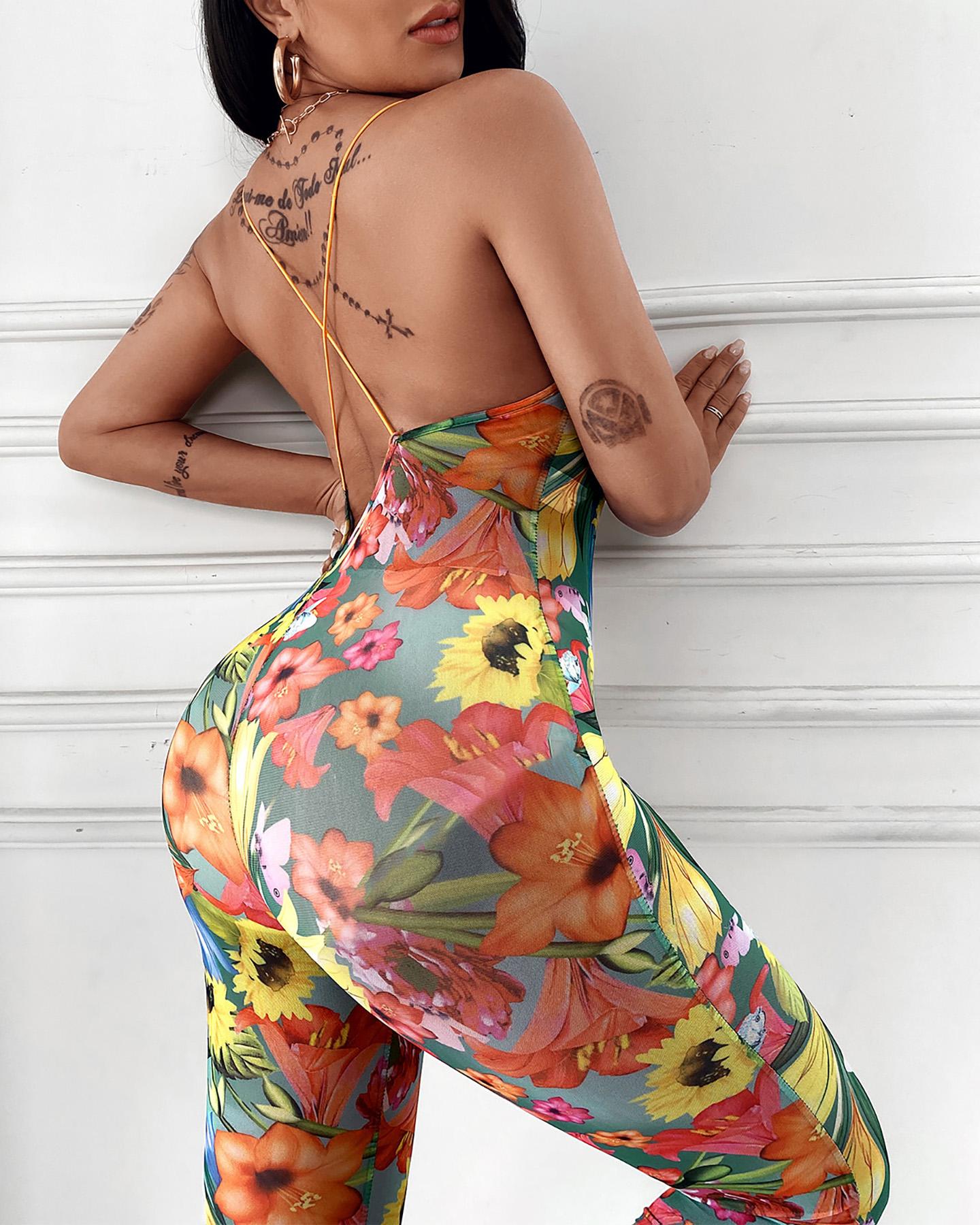

Floral Print Crisscross Backless Skinny Jumpsuit, Multicolor