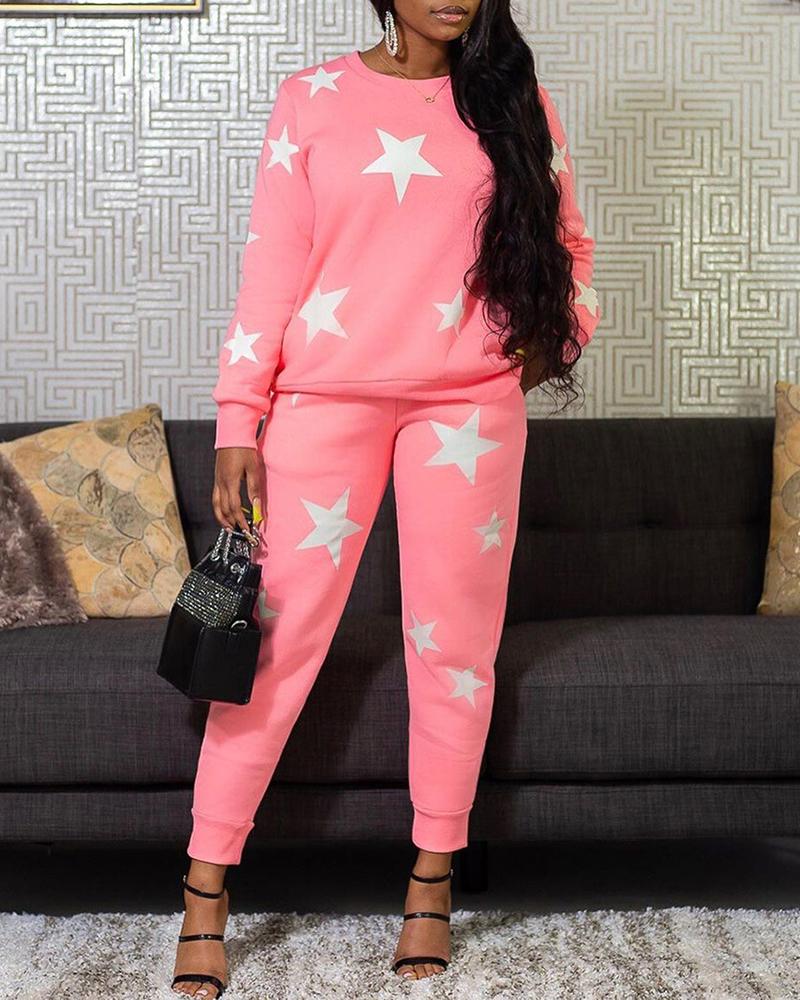 

Star Print Long Sleeve Top & Pocket Design Pants Set, Pink