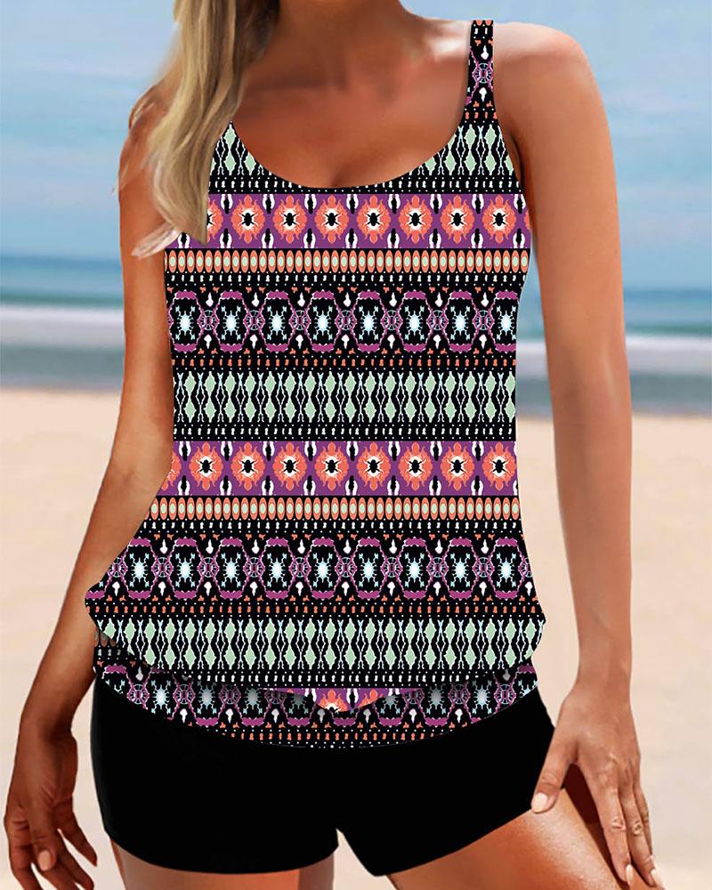 

Tribal Print Spaghetti Strap Tankini Set, Black
