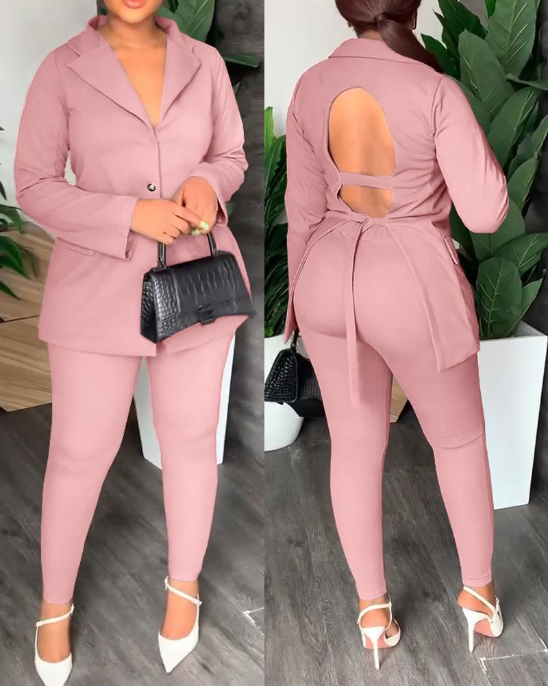 

Long Sleeve Tied Detail Open Back Blazer & Pants Set, Pink