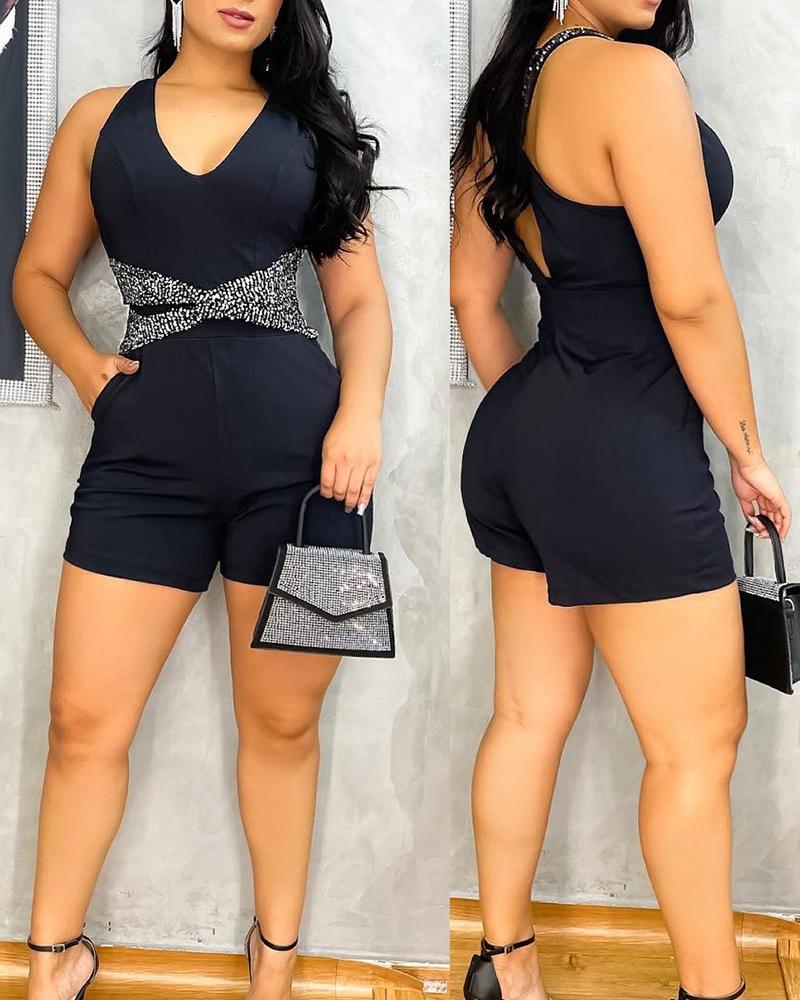 

Pocket Design Cutout Sleeveless Romper, Black
