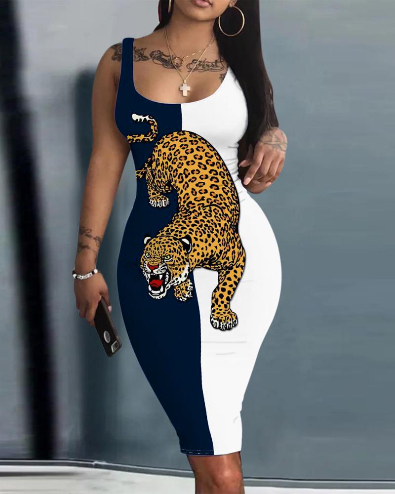 

Colorblock Leopard Print Sleeveless U-Neck Bodycon Dress, Blue