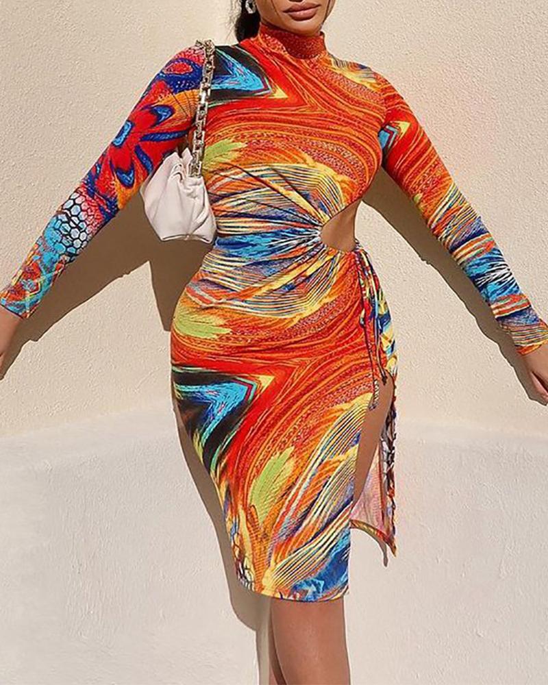 

Abstract Print Cut-Out Split Thigh Long Sleeve Midi Dress, Yellow