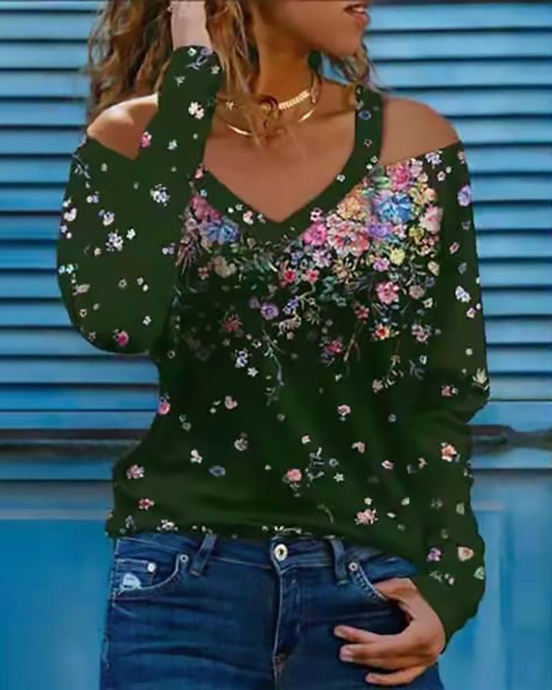 

Long Sleeve Cold Shoulder Floral Print Top, Green